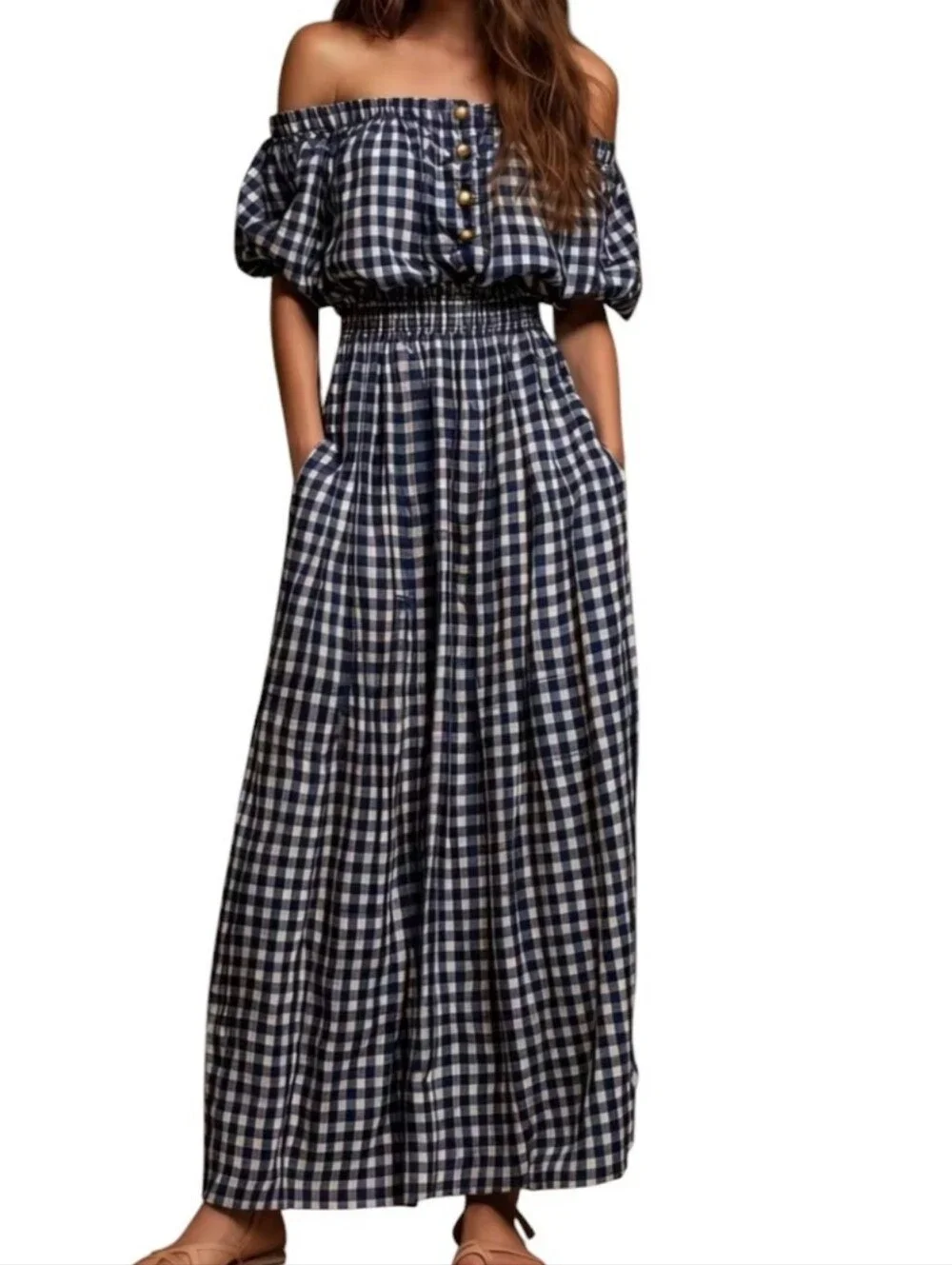 New Off-Shoulder Black & White Gingham Maxi Dress M/L - Picture 1 of 7